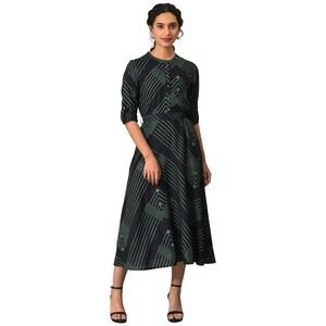 W For Woman Black Matrix Green Printed Midi‎ Dress Buttonup Viscose size 14